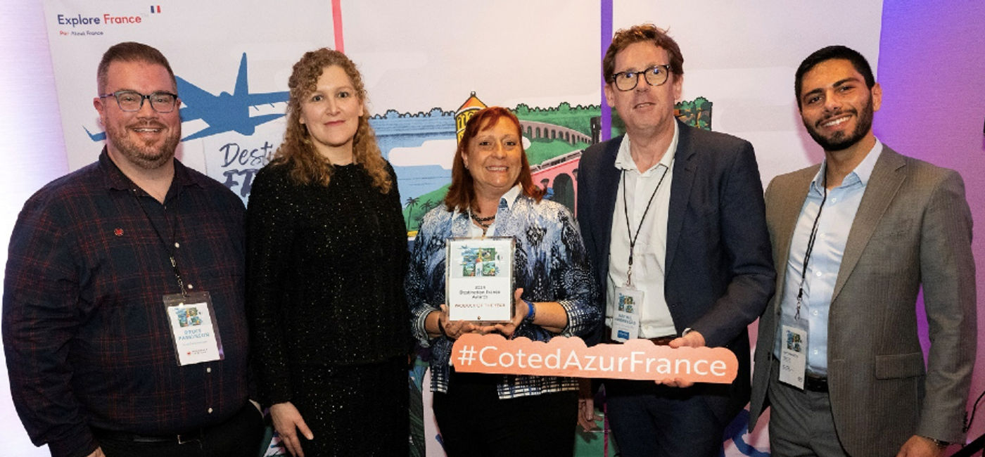 Image: From  left to right: Bruce Parkinson – Air Canada Vacations, Melanie Paul-Hus Director of Atout France Canada, Patricia Fargeon President of Planet France and award winner of the Product of the Year Destination France, Manuel Harbreteau Head of Product Marketing Department Comité Régional du Tourisme Côte d’Azur France, Yazdan Bakhtiary, Manager Regional Sales Air Canada – Photo credit: Dan Galbraith (Photo Credit: Photo credit: Dan Galbraith)