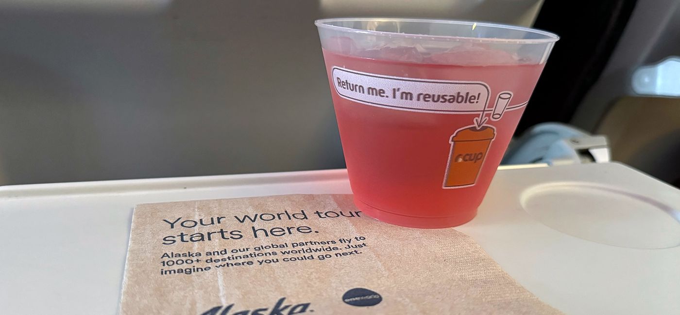 Image: Reusable r.World cups were tested out on an Alaska Airlines flight. (Photo Credit: Alaska Airlines)