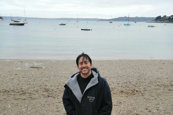 The author after taking a morning swim in St. Mawes Cornwall, swim, England, St. Mawes