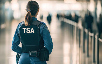 TSA officer working at an airport security checkpoint.