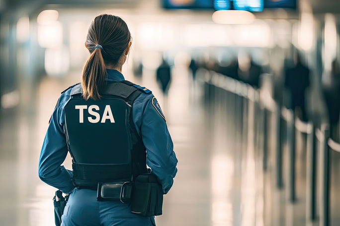 Un oficial de TSA que trabaja en un punto de control de seguridad del aeropuerto. Un oficial de TSA que trabaja en un punto de control de seguridad del aeropuerto.