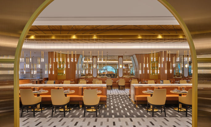 Entrance to The Brasserie, the restaurant inside The Delta One Lounge at JFK. Delta Air Lines, the brasserie, the delta one lounge, jfk, airport lounge