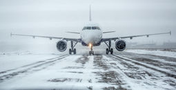 Airliner on runway in blizzard, snow, ice, plane,