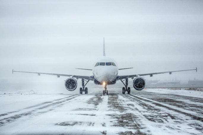 Plane in snow Airliner on runway in blizzard, snow, ice, plane,