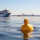 Rubber duck on the water with a cruise ship.