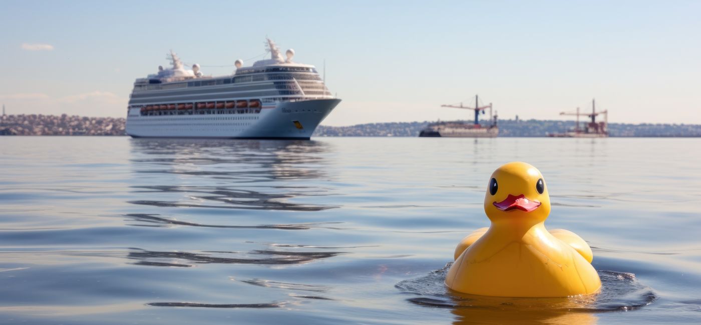 Image: Rubber duck on the water with a cruise ship. (Photo Credit: Alfazet Chronicles / Adobe Stock)
