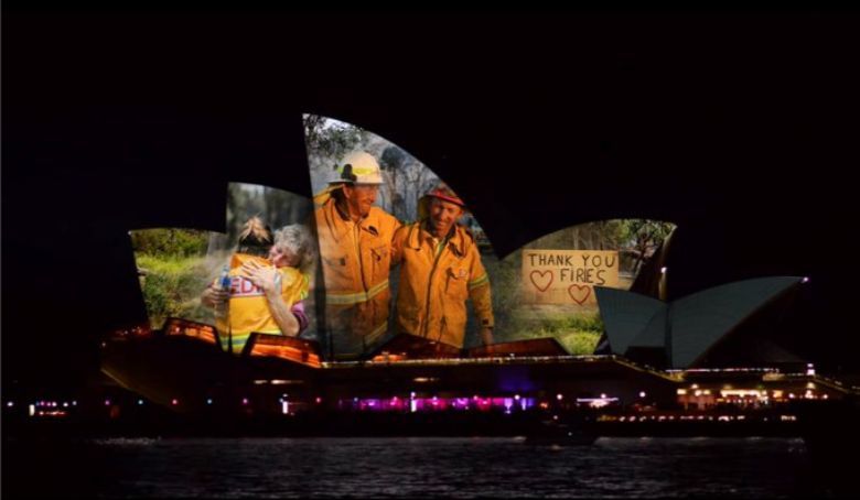 Sydney Opera House sails light up to thank the fire fighters.