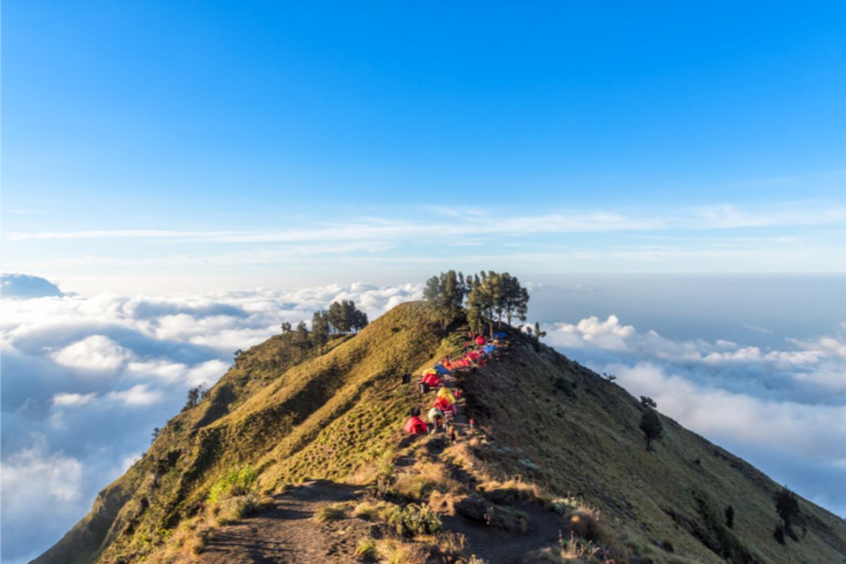 Camping site on crater rim of Mount Rinjani at sunset.