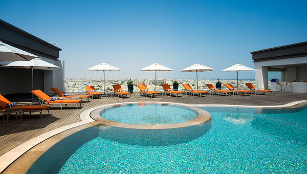Busy travellers can decompress after long flights or meetings at facilities like the rooftop pool at Fraser Suites Muscat. Busy travellers can decompress after long flights or meetings at facilities like the rooftop pool at Fraser Suites Muscat.