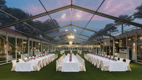 The Barracks Marquee transforms the Barracks Lawn into a weather-proof space with magical views of the lush surrounds.