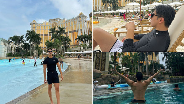 The Galaxy Macau’s Grand Resort Deck offers a unique beachside aesthetic with gentle waves and sandy areas, creating a tropical paradise perfect for relaxed and vibrant travel photos.