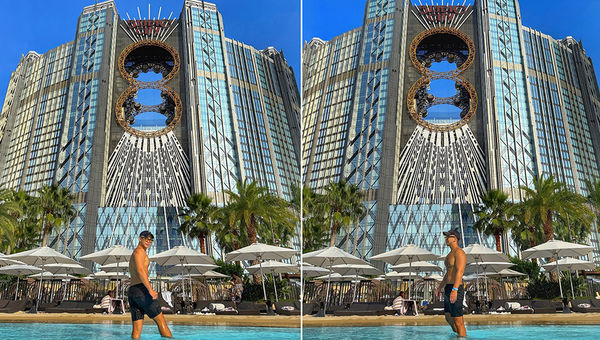 The pool at Studio City features the world's highest figure 8 Ferris wheel, offering stunning views and a unique backdrop for memorable travel photos.