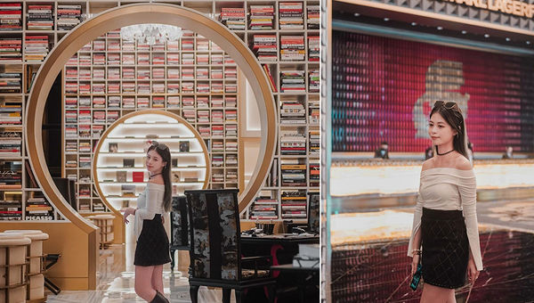 The Karl Lagerfeld hotel showcases stunning Chinoiserie-inspired design and features a grand library with keyhole-like arches, perfect for capturing elegant and artistic travel photos.