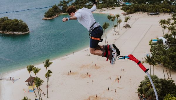 Live life on the edge at Singapore Live life on the edge at Singapore's first and only bungee jump over Siloso Beach.