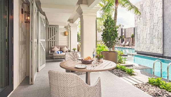Step into the private pool from the Garden Suite at The Barracks Hotel Sentosa by Far East Hospitality