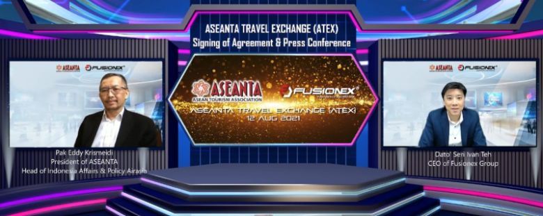 ASEANTA's Eddy Krismeidi Soemawilaga and Fusionex's Ivan Teh at virtual MoU signing event of the ASEANTA Travel Exchange (ATEX).