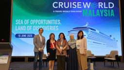 From left: MATTA’s Nigel Wong; Travel Weekly Asia’s Irene Chua; ASTINDO’s Pauline Suharno, and Travel Weekly Asia’s Anis Ramli and Xinyi Liang-Pholsena at CruiseWorld Malaysia 2025.