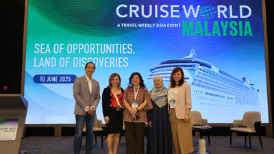 From left: MATTA’s Nigel Wong; Travel Weekly Asia’s Irene Chua; ASTINDO’s Pauline Suharno, and Travel Weekly Asia’s Anis Ramli and Xinyi Liang-Pholsena at CruiseWorld Malaysia 2025.