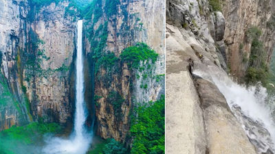 A hiker discovered pipes pumping water into China's tallest waterfall in the Yuntai Mountain Geopark.