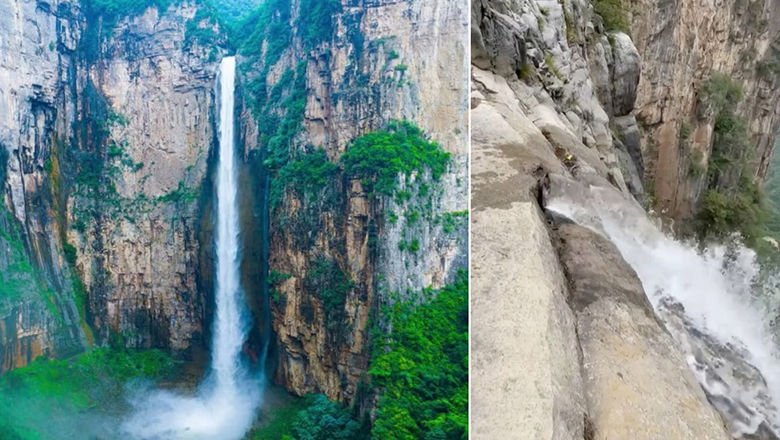 A hiker discovered pipes pumping water into China's tallest waterfall in the Yuntai Mountain Geopark.