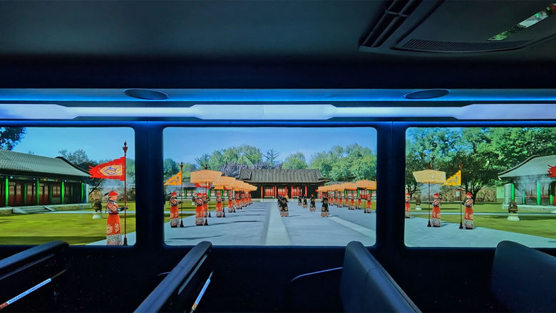 Transparent screens overlay digital scenes onto the live view of Yuanmingyuan Park.