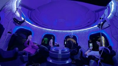 Preparing for take-off in the Blue Origin space capsule.