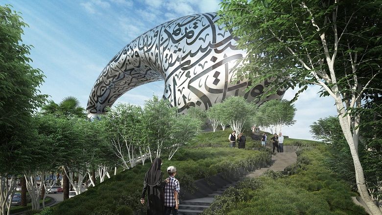 The 77m building’s façade is adorned with Arabic calligraphy written by Dubai’s ruler.