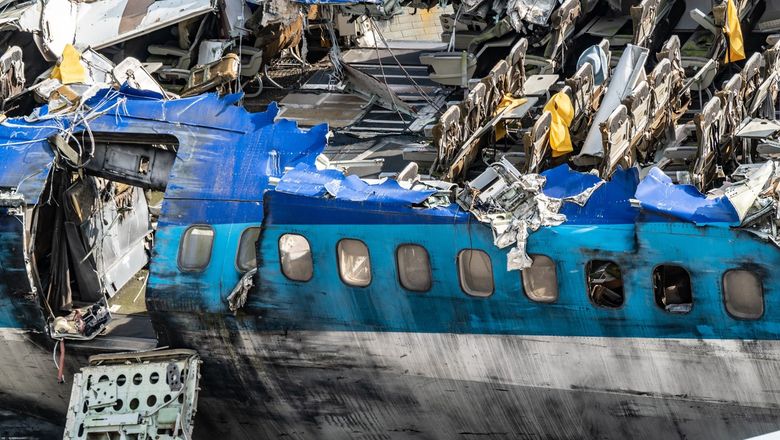 Fuselage of crashed 747 airplane after accident.