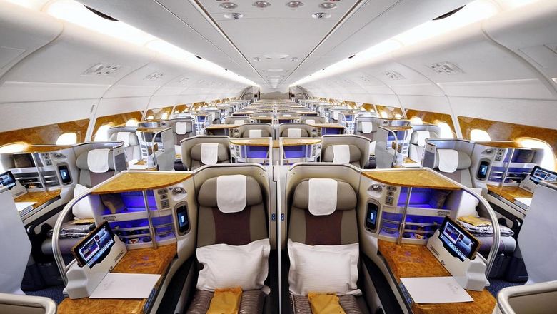 The Business Class cabin on one of the latest Airbus A380s delivered to Emirates.