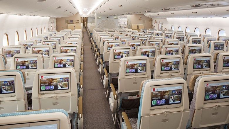 An Emirates A380 with premium economy seats.
