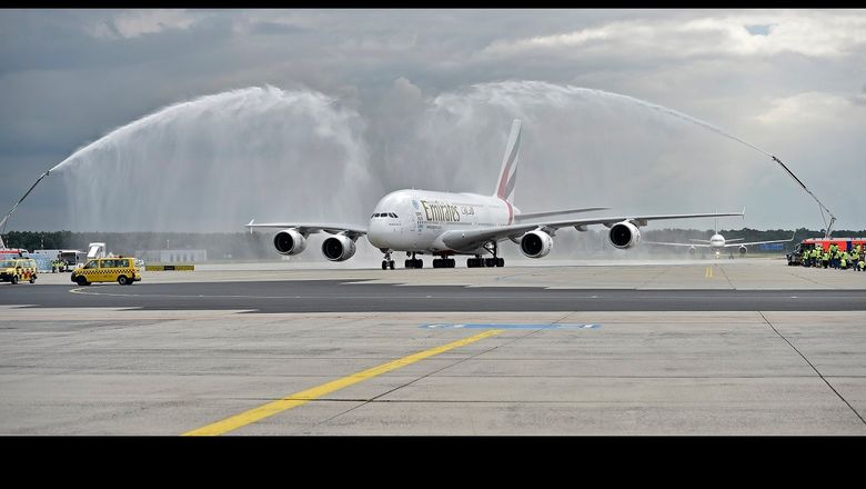 In happier times for the A380, an Emirates flight lands in Frankfurt.