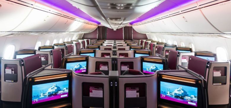 Qatar Airway' latest Business Class in herringbone configuration. Sliding privacy panels and 79" full-flat beds combine privacy and comfort.