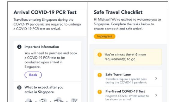 After pre-booking the on-arrival Covid test, depending on individual profiles and trip details, users will be shown a customised list of pre-travel requirements to complete before flying to Singapore.