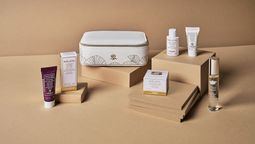 The SISLEY women’s amenity kit for Singapore Airlines Suites and First Class customers features the brand’s signature orchid emblem and gingko leaf pattern.
