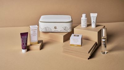 The SISLEY women’s amenity kit for Singapore Airlines Suites and First Class customers features the brand’s signature orchid emblem and gingko leaf pattern.
