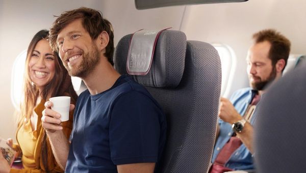 Eurowings Premium Economy Class offers wider seats, up to 50% more legroom than Economy Class, and includes two pieces of baggage.