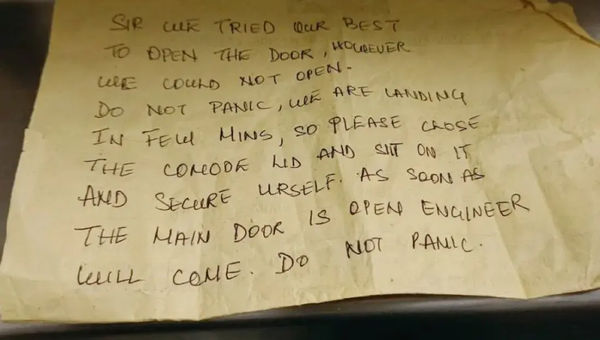 After unsuccessful attempts to rescue the passenger, the cabin crew slid this note under the door. After unsuccessful attempts to rescue the passenger, the cabin crew slid this note under the door.