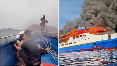 In Vietnam, a storm capsized a tourist boat in Ha Long Bay (left); in Indonesia, a separate ferry caught fire off Sulawesi (right).