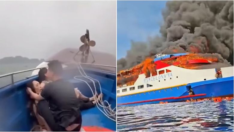 In Vietnam, a storm capsized a tourist boat in Ha Long Bay (left); in Indonesia, a separate ferry caught fire off Sulawesi (right).
