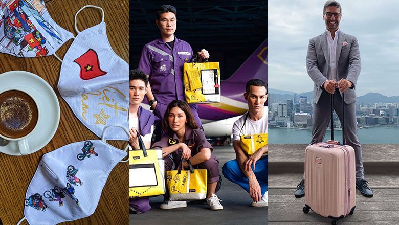 Purveyors of travel and style: Face masks with Vietnamese designs, Thai Airways' upcycled life vest tote bags; and Langham Hospitality Group CEO Stefan Leser with the Tumi collaborative suitcase.