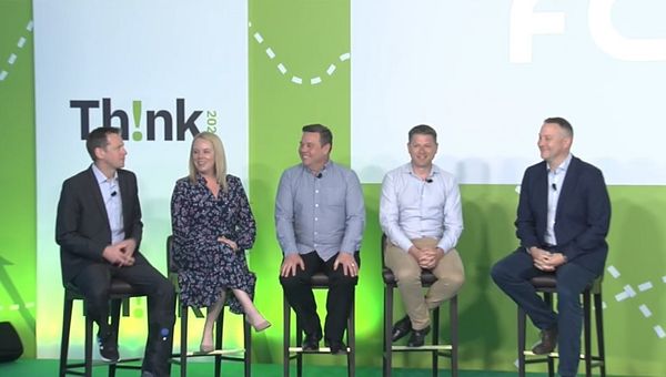 Panelists at Th!nk 2022 (from left): Marcus Eklund, global managing director, FCM; Melissa Elf, general manager, Australia, FCM; Billy McDonough, president, Americas, FCM; Bertrand Saillet, managing director, Asia, FCM; Steve Norris, managing director, EMEA, Flight Centre Travel Group.