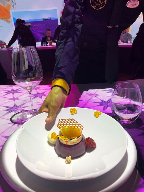 A lavender honey dessert that is enhanced by virtual bees and honey swirls is part of Princess Cruises' 360: An Extraordinary Experience.