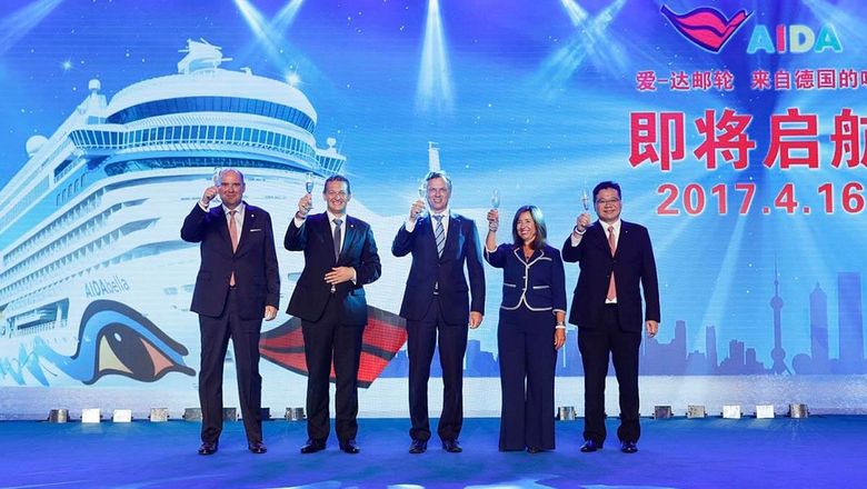 AIDA launch in China From left to right: Michael Ungerer, COO of Carnival Asia, Felix Eichhorn, president AIDA Cruises, Michael Thamm, CEO Costa Group, Christine Duffy, Carnival Cruise Line president, Buhdy Bok, Costa Group Asia president)