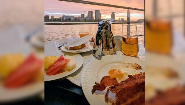 Breakfast with sunrise views onboard Avalon Envision. Breakfast with sunrise views onboard Avalon Envision.