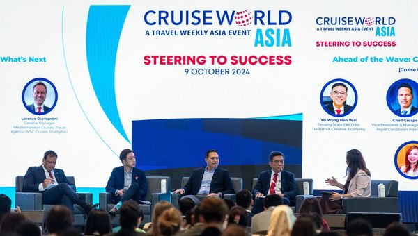 Cruise Leaders Panel Discussion (from left): MSC Cruises' Lorenzo Diamantini; Resorts World Cruises' Terence Lim; Royal Caribbean International’s Chad Grospe; YB Wong Hon Wai, Penang State EXCO for Tourism & Creative Economy; and Travel Weekly Asia’s Xinyi Liang-Pholsena. Cruise Leaders Panel Discussion (from left): MSC Cruises' Lorenzo Diamantini; Resorts World Cruises' Terence Lim; Royal Caribbean International’s Chad Grospe; YB Wong Hon Wai, Penang State EXCO for Tourism & Creative Economy; and Travel Weekly Asia’s Xinyi Liang-Pholsena.