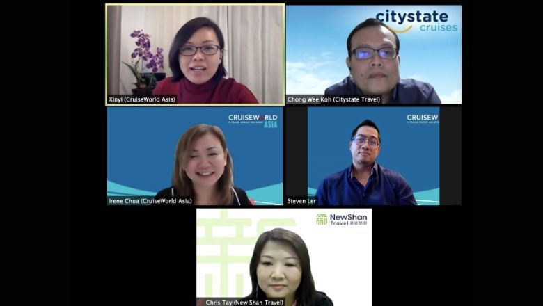 Travel agents speaking at CruiseWorld Asia see opportunity to tap into an audience that have not previously booked a cruise. Participating in a panel discussion to discuss new opportunities in selling cruises are (clockwise, from top left) Travel Weekly Asia's Xinyi Liang-Pholsena, Citystate Cruises' Koh Chong Wee, UOB Travel Planners' Steven Ler, New Shan Travel's Chris Tay and Travel Weekly Asia's Irene Chua.