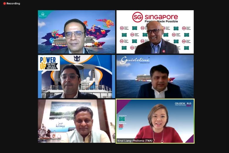 Panel discussion speakers at CruiseWorld India: (clockwise, from top left) Genting Cruise Lines' Naresh Rawal, Singapore Tourism Board's G B Srithar, Guideline Travels' Pradeep Saboo, Travel Weekly Asia's Xinyi Liang-Pholsena, Just Holidays' Sanjay Kothari, and Tirun Travel Marketing's Varun Chadha.