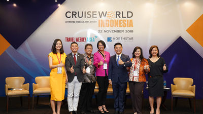 Panellists at CruiseWorld Indonesia addressed the massive opportunity in Indonesia as a source market for cruising. (From left) Lee Xin Hui, Travel Weekly Asia; Raymond Lim, Singapore Tourism Board; Royanto Handaya, PT Panorama JTB Tours Indonesia; Simei Ng, Royal Caribbean Cruises (Asia); Michael Goh, Genting Cruise Lines; Pauline Suharno, ASTINDO and PT Elok Tour; and Irene Chua, Northstar Travel Group.