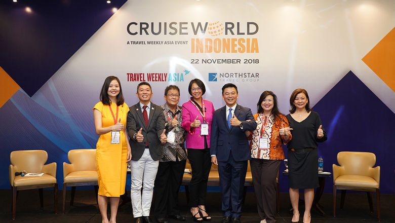 Panellists at CruiseWorld Indonesia addressed the massive opportunity in Indonesia as a source market for cruising. (From left) Lee Xin Hui, Travel Weekly Asia; Raymond Lim, Singapore Tourism Board; Royanto Handaya, PT Panorama JTB Tours Indonesia; Simei Ng, Royal Caribbean Cruises (Asia); Michael Goh, Genting Cruise Lines; Pauline Suharno, ASTINDO and PT Elok Tour; and Irene Chua, Northstar Travel Group.