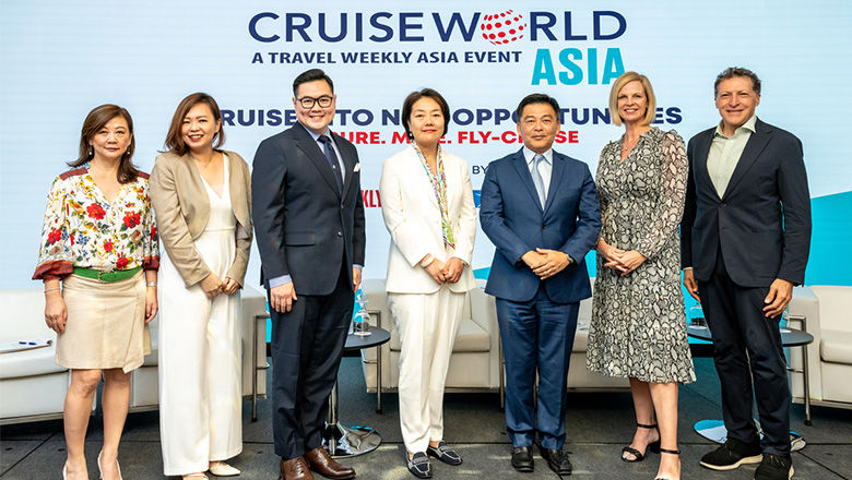 Cruise line speakers at CruiseWorld Asia 2023: Travel Weekly Asia’s Irene Chua and Xinyi Liang-Pholsena; Uniworld’s Henry Yu; MSC Cruises' Helen Huang; Resorts World Cruises' Michael Goh; Royal Caribbean International’s Angie Stephen; and Travel Weekly’s Arnie Weissmann. Cruise line speakers at CruiseWorld Asia 2023: Travel Weekly Asia’s Irene Chua and Xinyi Liang-Pholsena; Uniworld’s Henry Yu; MSC Cruises' Helen Huang; Resorts World Cruises' Michael Goh; Royal Caribbean International’s Angie Stephen; and Travel Weekly’s Arnie Weissmann.